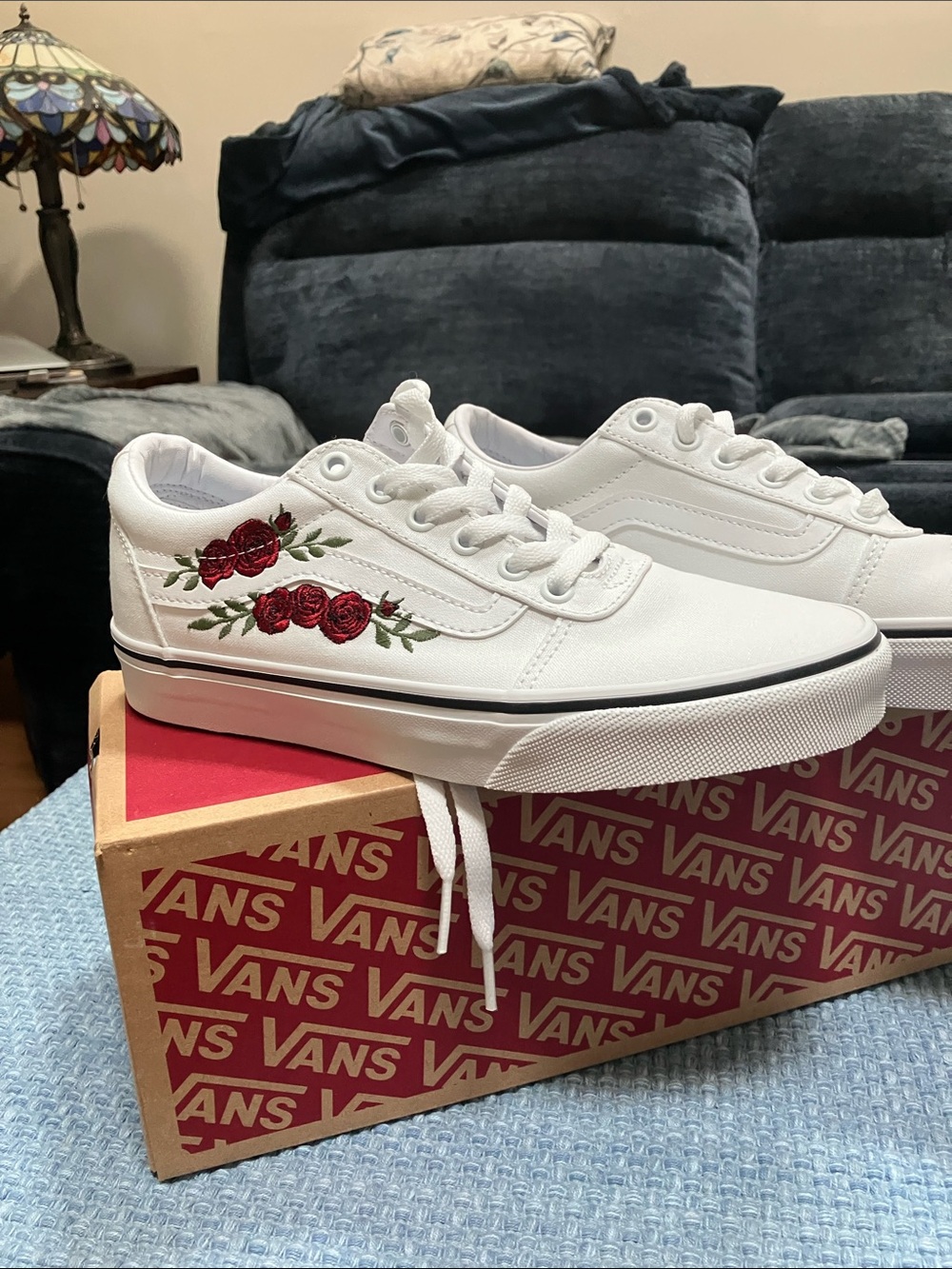 Vans White Low-Top Sneakers with Red Rose Embroidery
